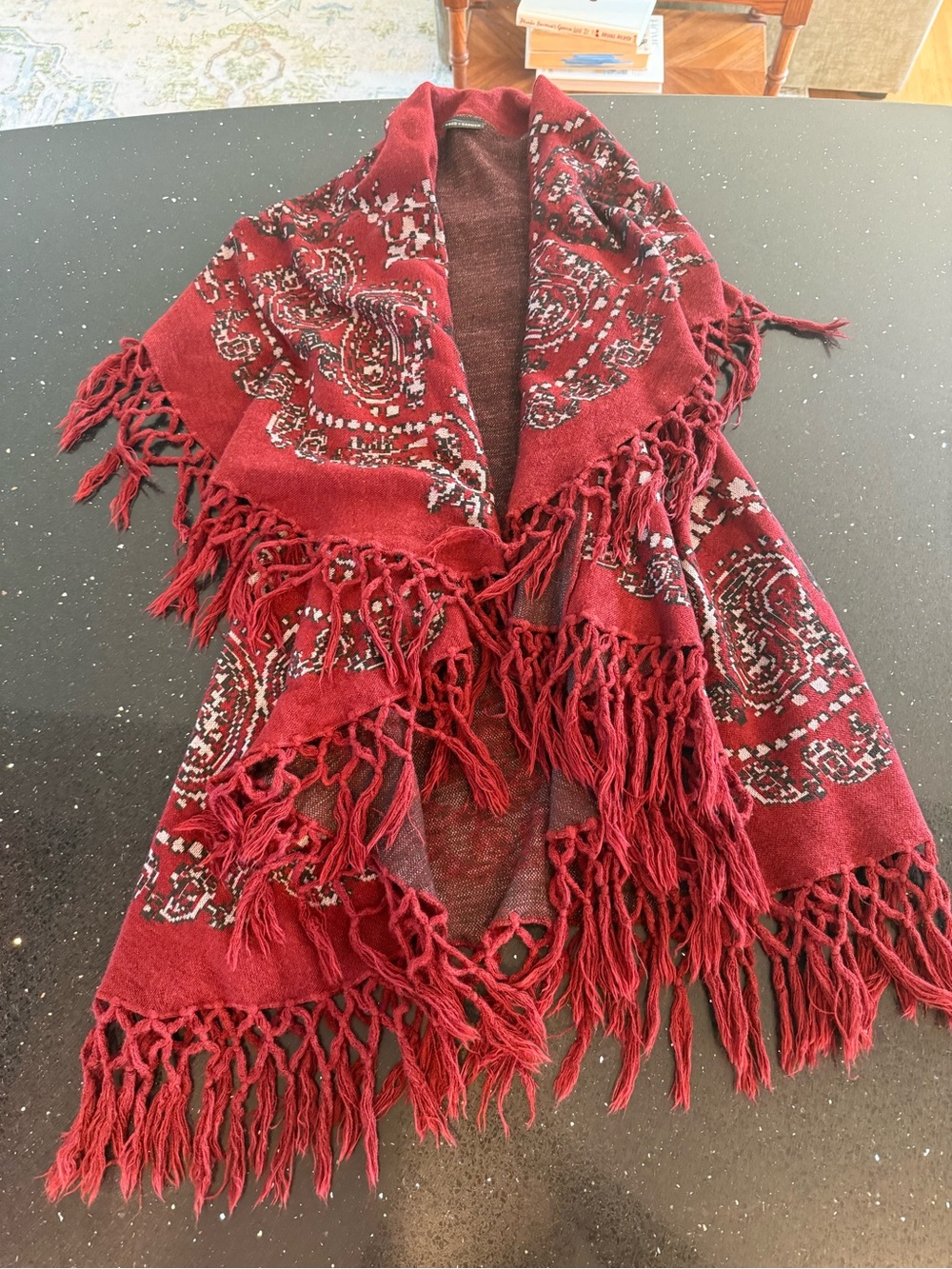 Fringed Paisley Knit Coco + Carmen Wrap Shawl - Wine Red - Picture 3 of 6